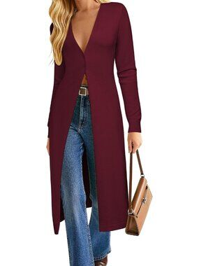 Women's Burgundy Long Cardigan Trendy Knit Dusters V Neck Button Up Sweaters